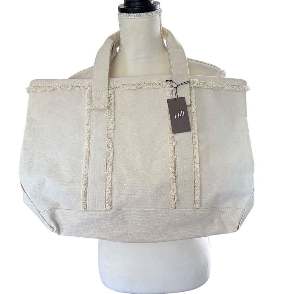 J.Jill Women's Fringe-Trimmed Canvas Tote Bag Natural Cream